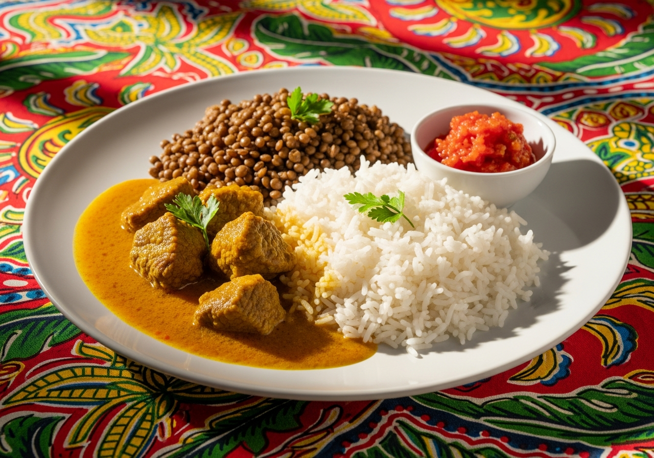 assiette carri boeuf sauce doree riz grain rougail repas creole reunionnais