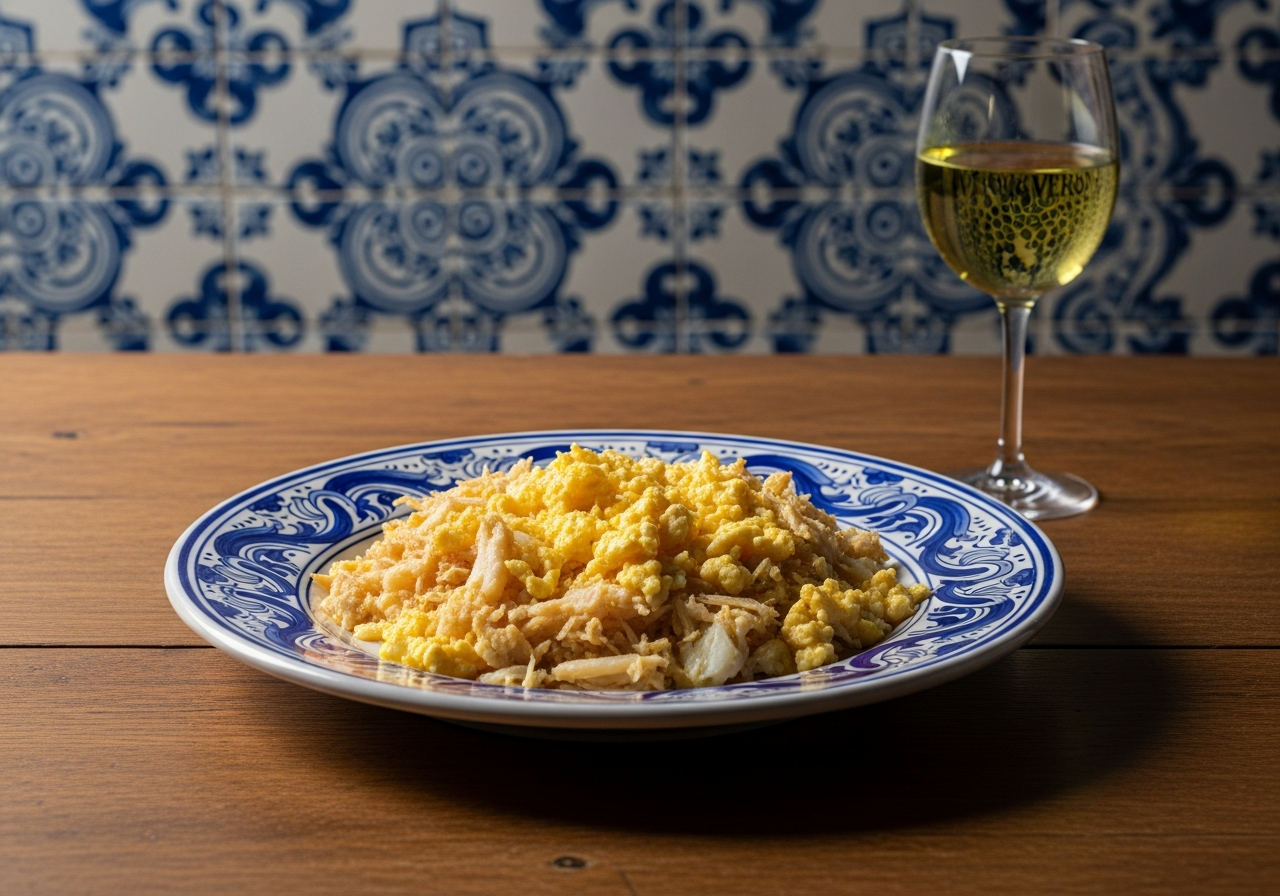 assiette de bacalhau à bras faïence portugaise azulejo vinho verde Lisbonne