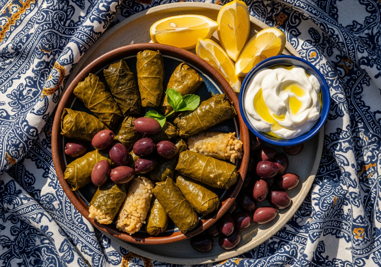 assiette de dolmas servis mezze yaourt citron table méditerranéenne