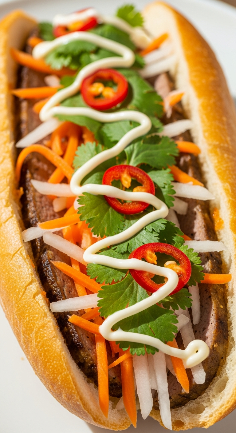 bánh mì vietnamien ouvert baguette garnitures colorées carotte radis coriandre