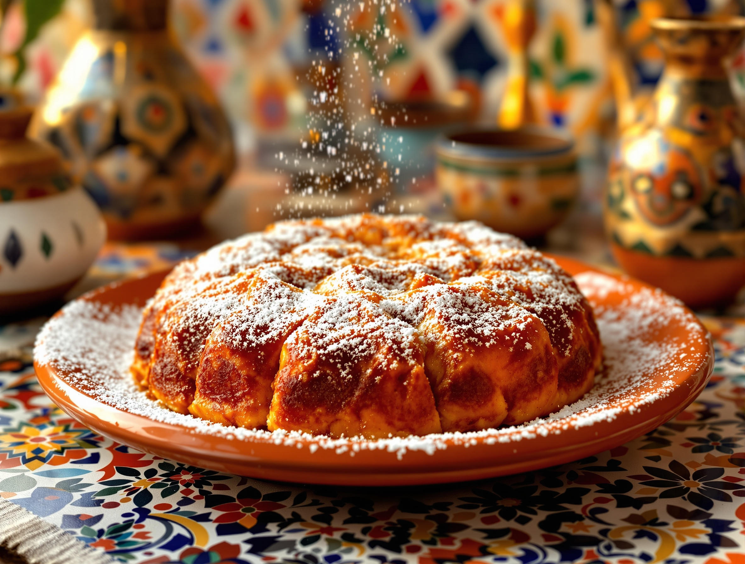 bastilla marocaine entière plat terre cuite zellige sucre glace cannelle fête marocaine