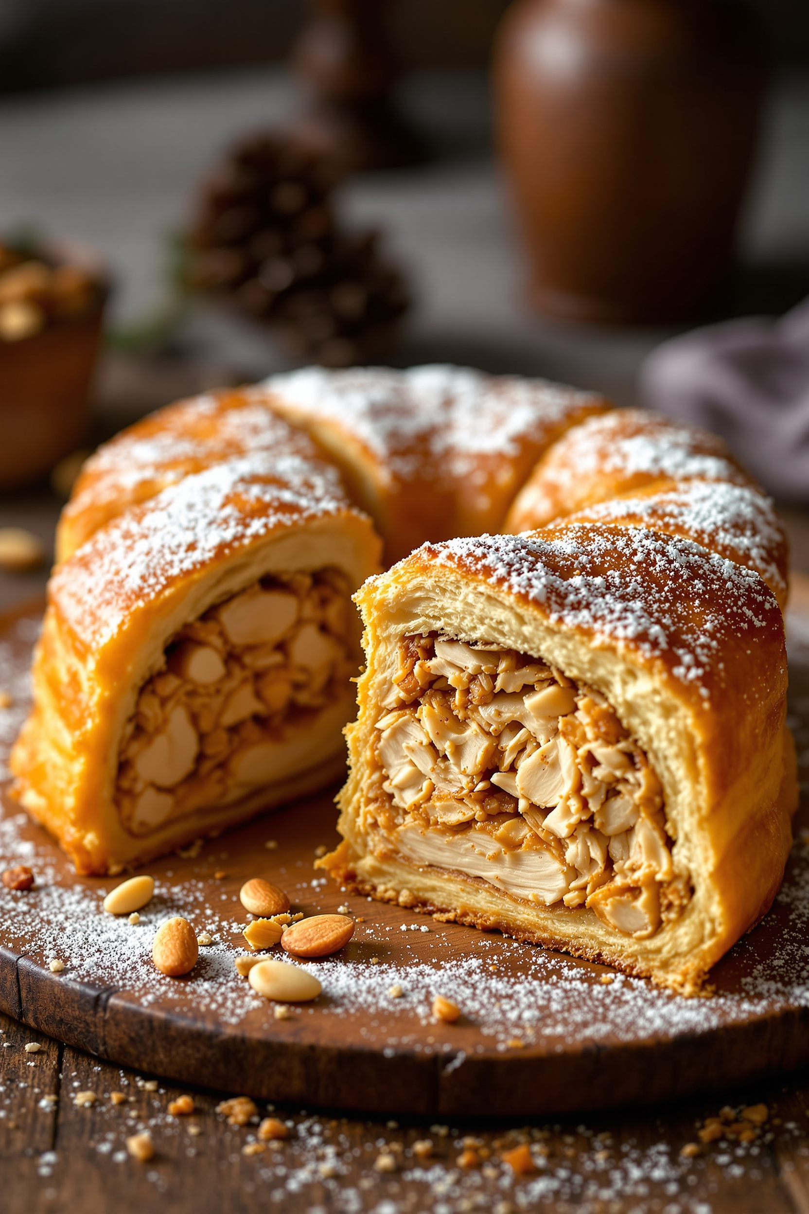 bastilla marocaine ouverte en coupe couches pâte feuilletée poulet amandes safran