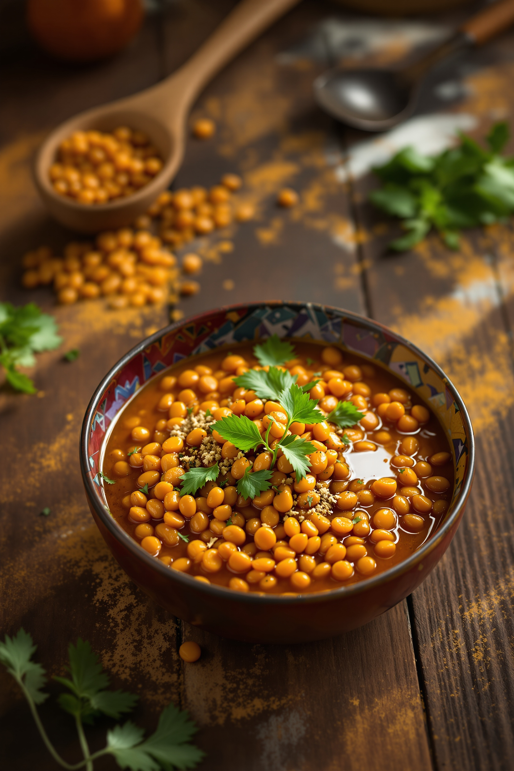 bol de dahl de lentilles rouge indien fumant tarka huile épices coriandre fraîche