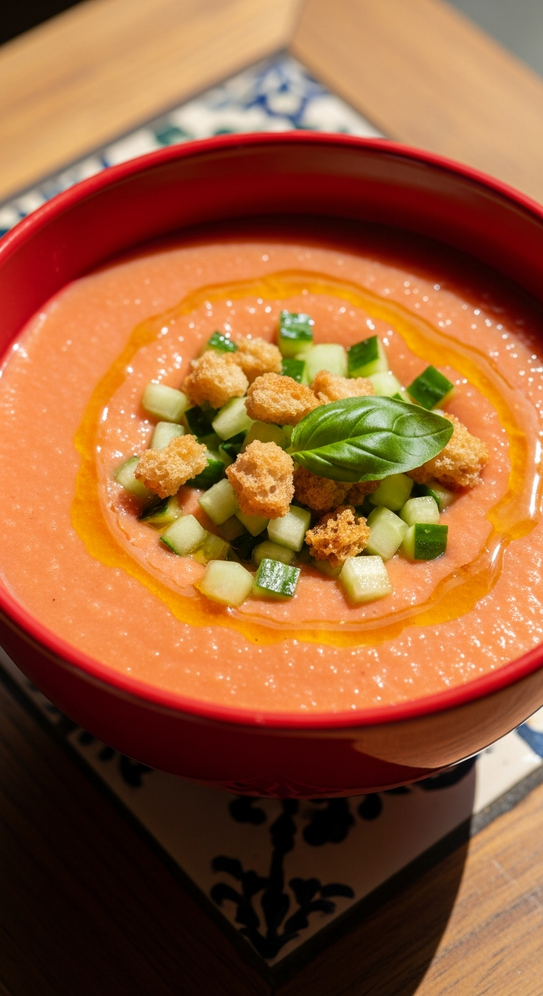 bol de gazpacho andalou rouge vif huile olive garnitures été