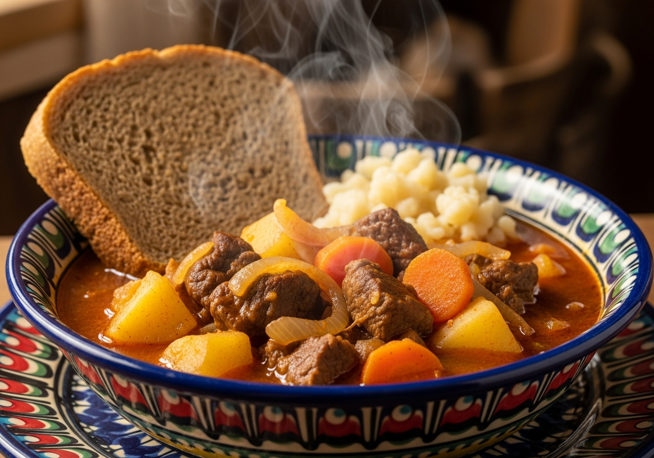 bol de goulash hongrois traditionnel sauce paprika rouge profond vaisselle hongroise