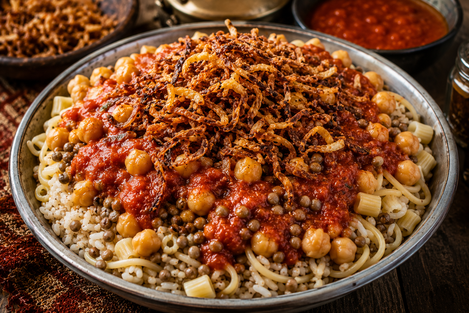 koshary égyptien riz lentilles pâtes sauce tomate oignons