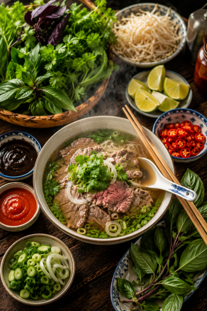 Bol de pho bo pose sur une table avec autour les garnitures typiques