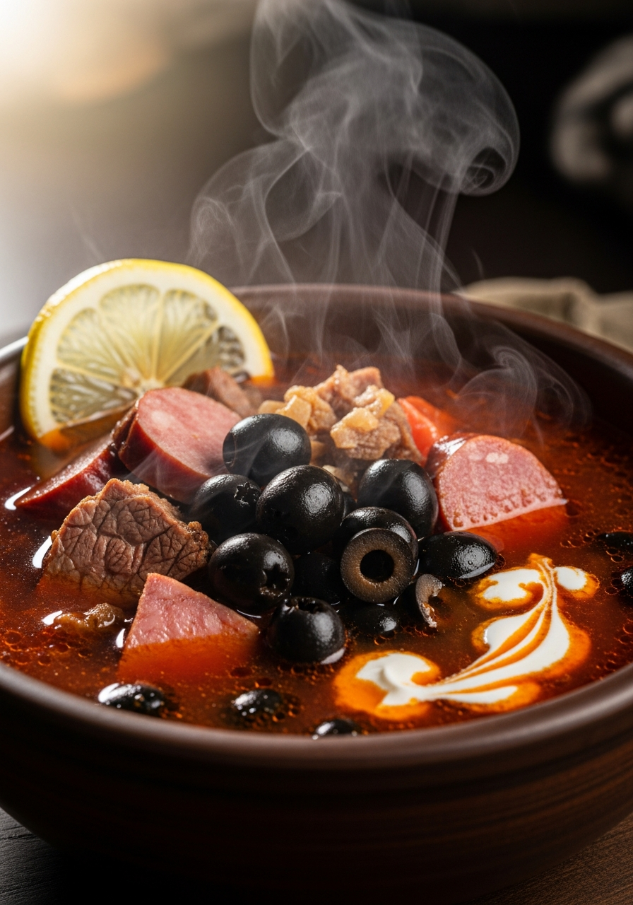 bol solyanka russe fumante viandes fumées visibles olives noires quartier citron crème fraîche fond sombre hiver russe