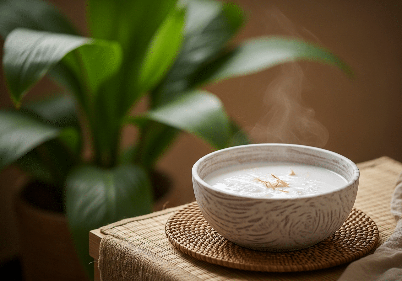 bol taro au lait de coco wallisien servi table famille natte tressée ambiance intérieur Wallis Pacifique