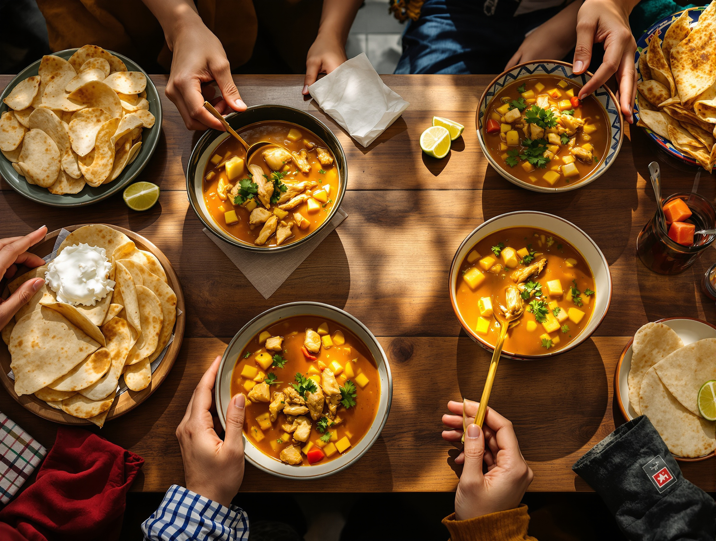 caldo de pollo mexicain table famille bols bouillon tortillas citron vert ambiance chaleureuse