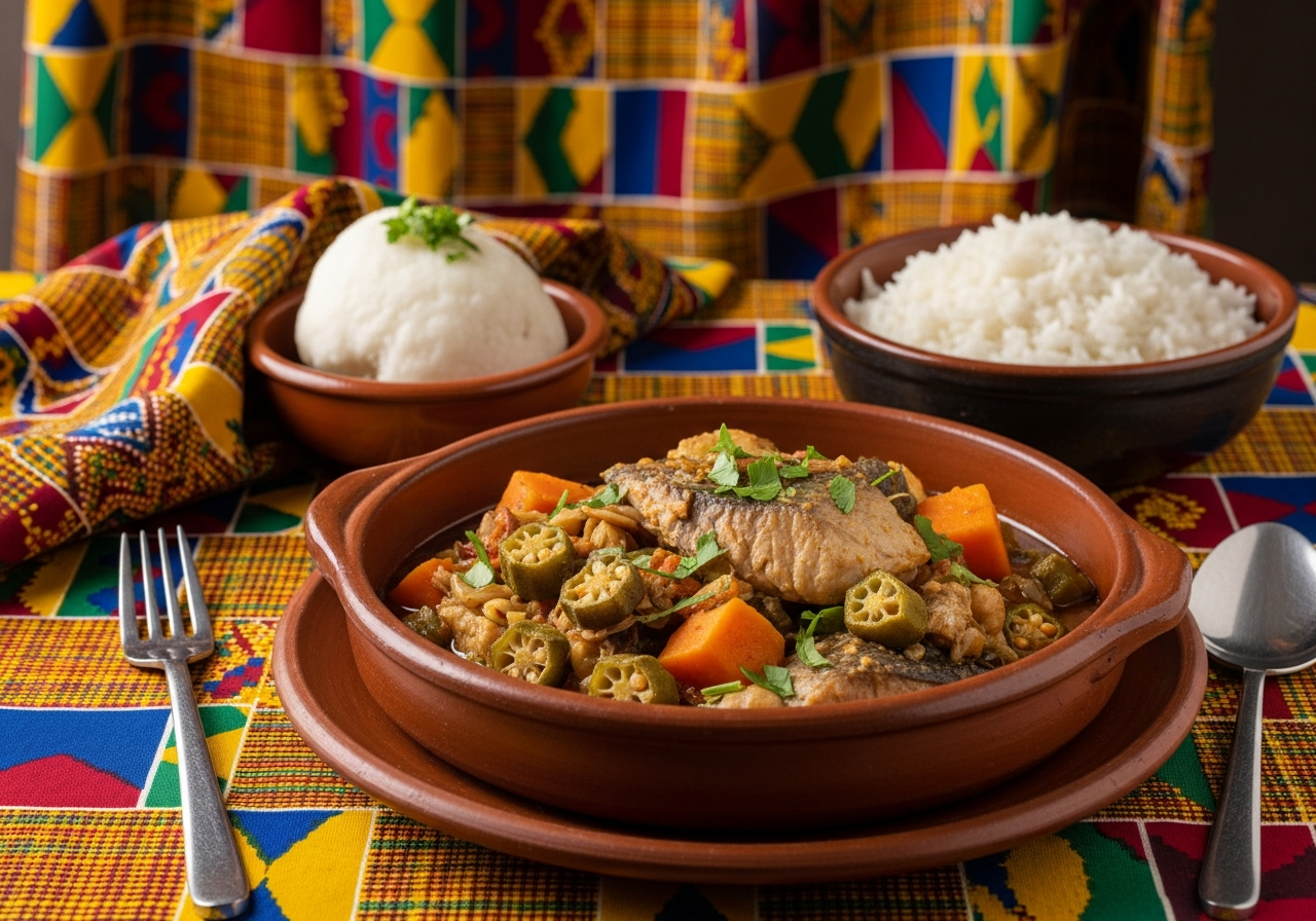 calulu de peixe angolais servi dans plat en terre cuite funge riz table angolaise