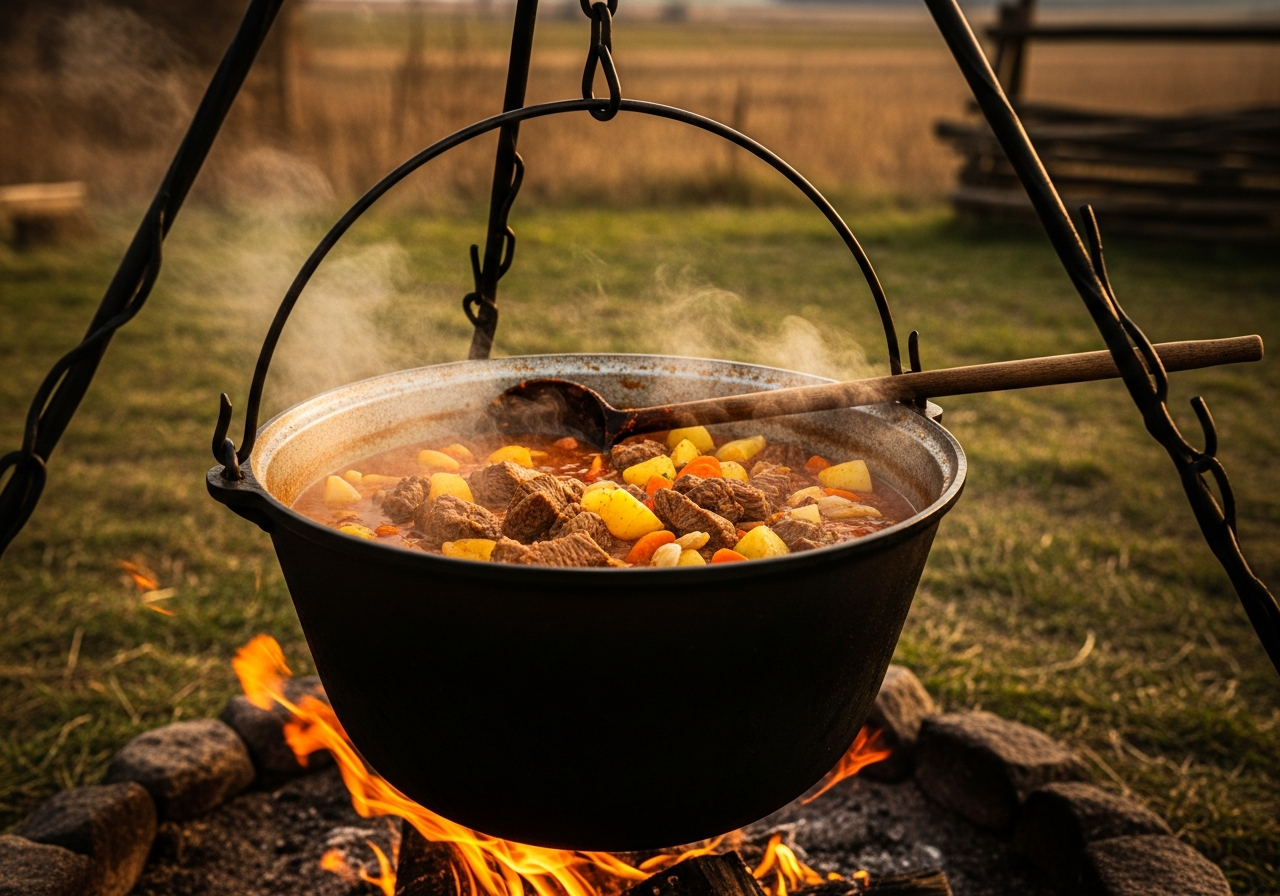 goulash hongrois en cuisson à l'ancienne chaudron méthode traditionnelle Puszta