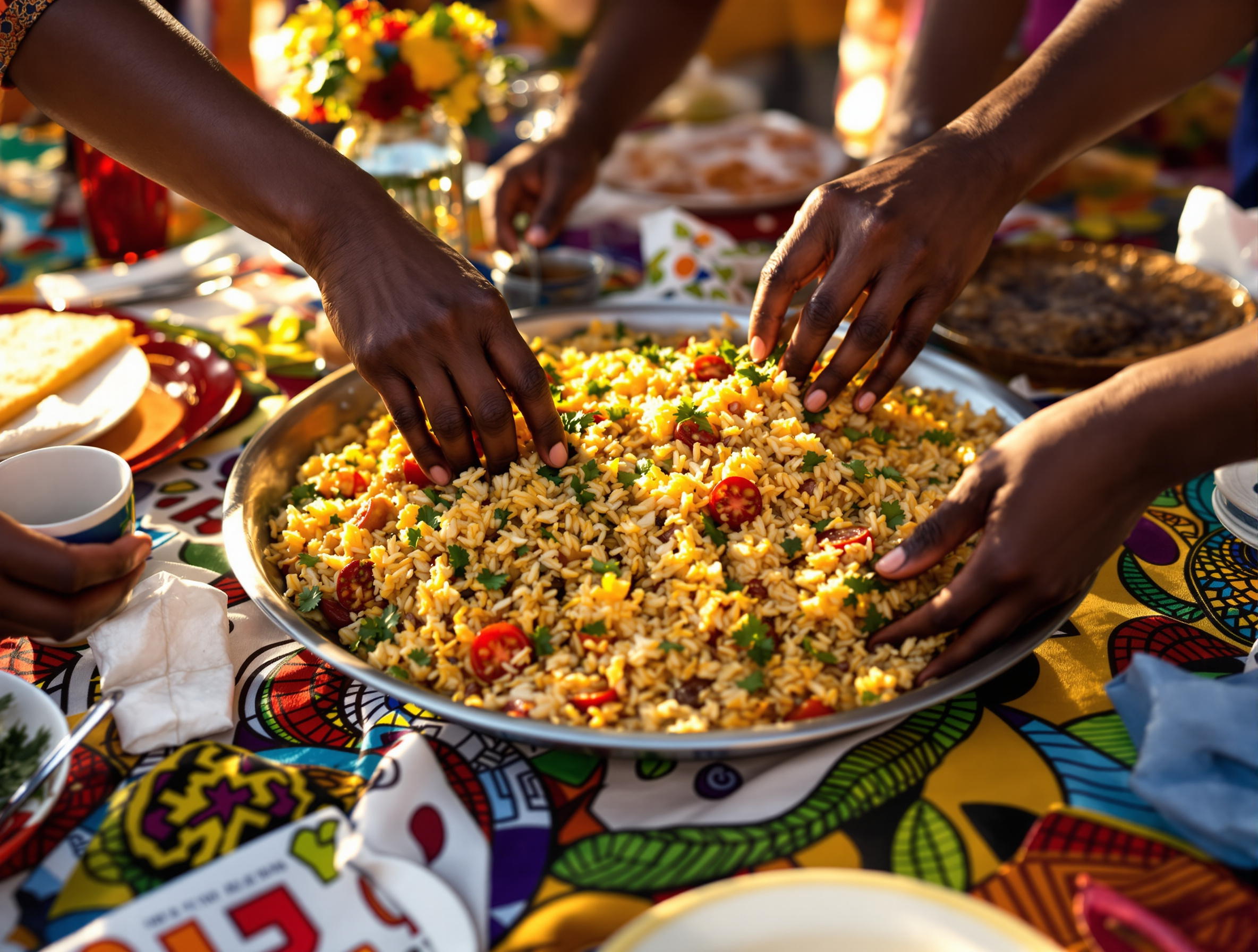 grand plat généreux pilau kenyan fête famille africaine Afrique Est nappe colorée mains qui se servent