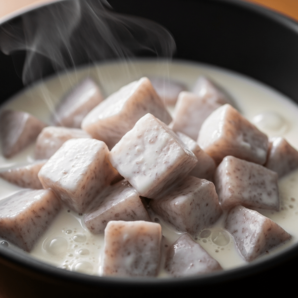 gros plan morceaux taro fondants nappés lait de coco crémeux réduit vapeur douce Wallis Pacifique