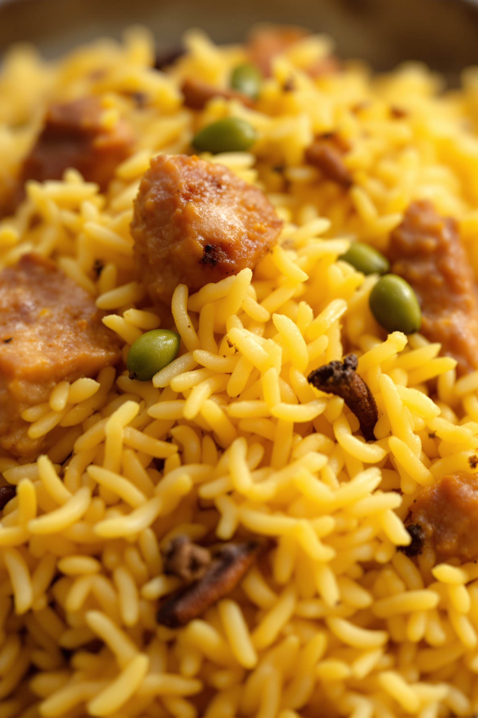 gros plan riz pilau kenyan épicé grains dorés cardamome cannelle clous girofle viande fondante