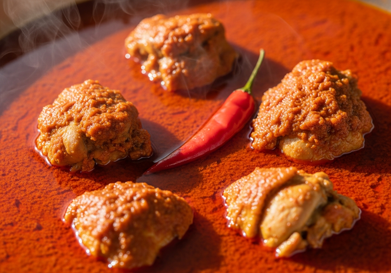 gros plan sauce graine rouge-orangée fumante brillante morceaux poulet immergés piment rouge texture riche Afrique Ouest