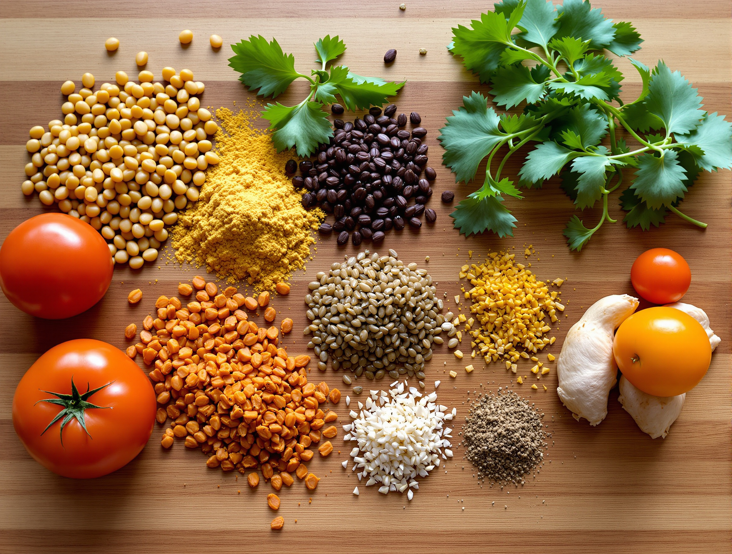 ingrédients dahl de lentilles indien mise en place lentilles corail curcuma cumin gingembre ail tomates coriandre