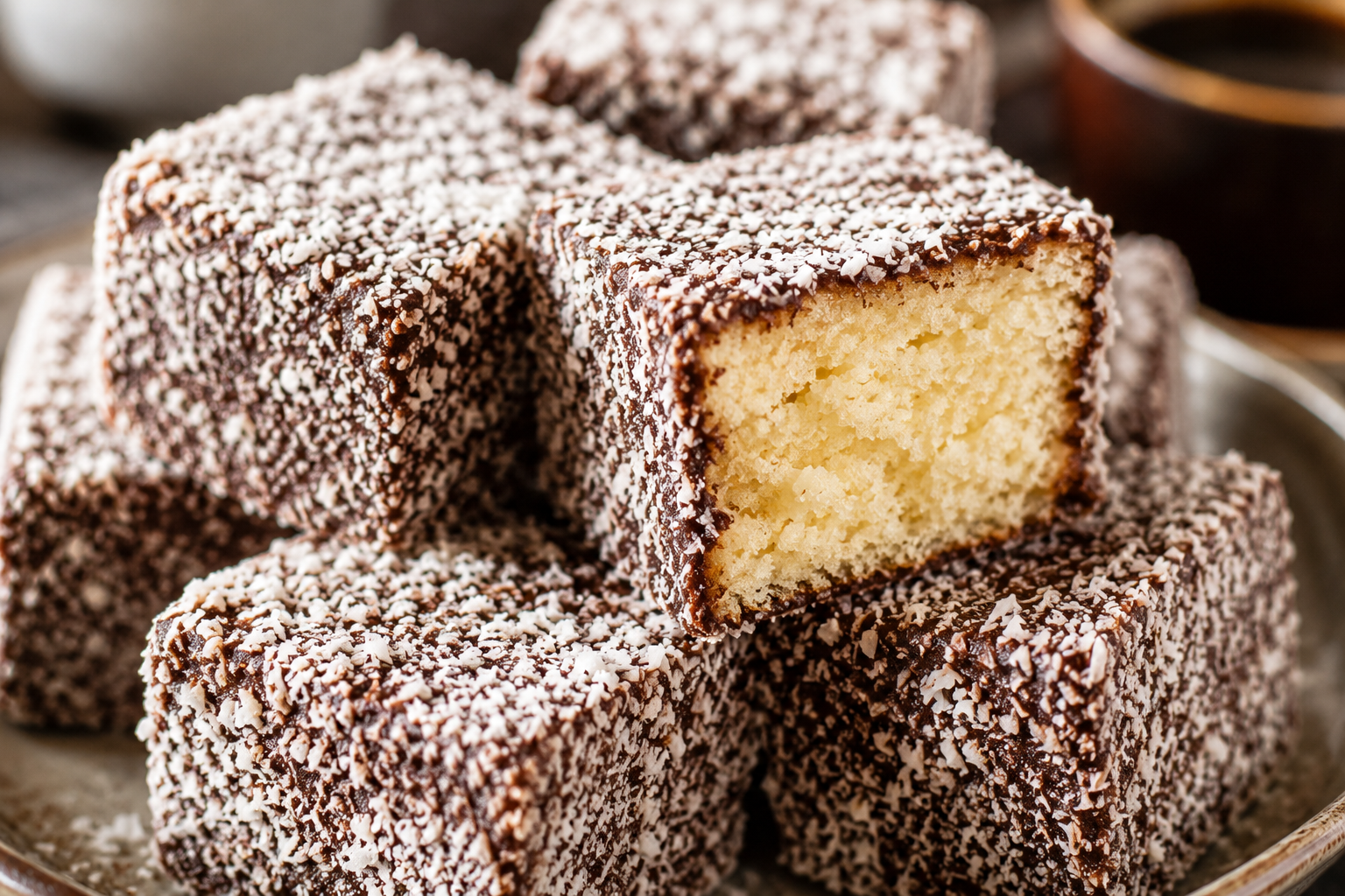 lamingtons australiens empilés enrobés noix de coco râpée génoise chocolat
