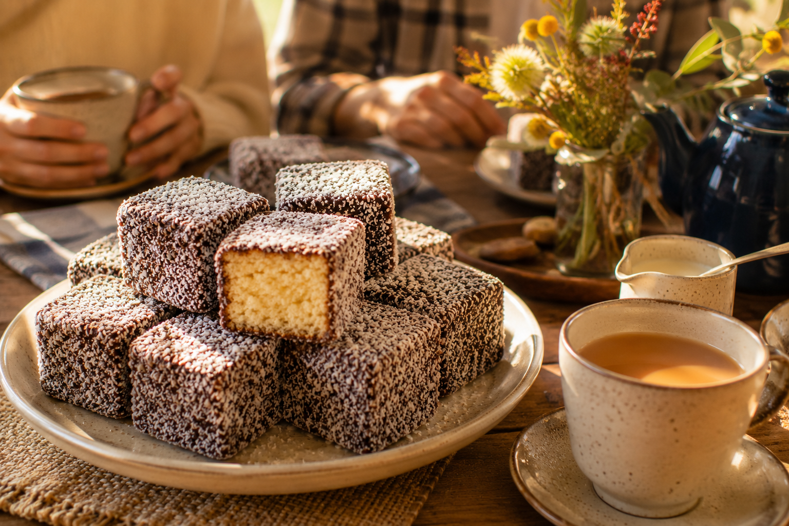 lamingtons australiens servis avec tasse de thé goûter traditionnel australie