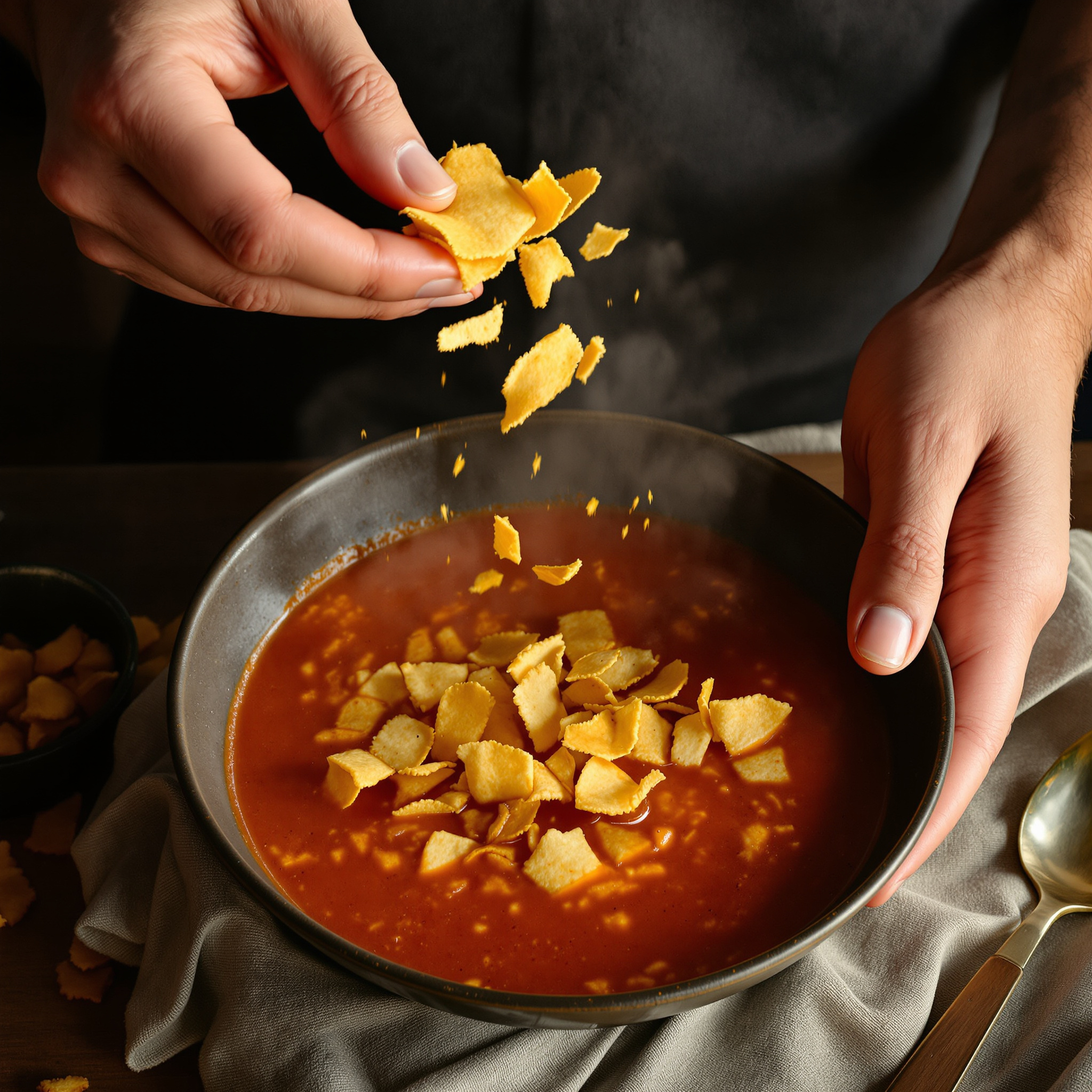 mains ajoutant lanières tortilla croustillantes soupe tomate sopa mexicaine