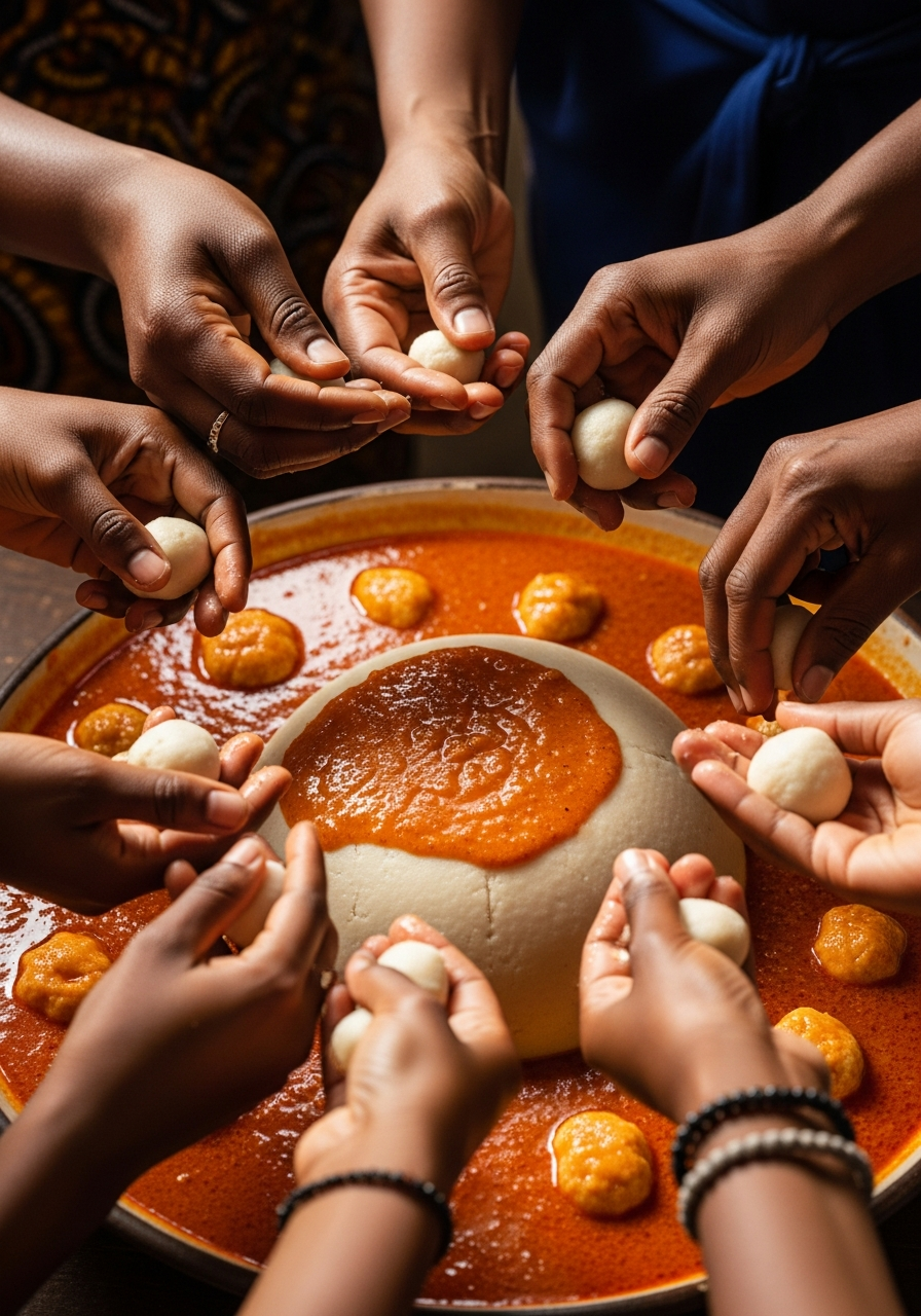 mains plusieurs personnes autour grand plat fufu sauce graine boulette doigts trempée sauce rouge-orangée repas familial africain