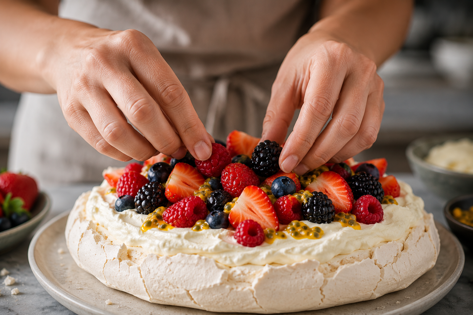 mains disposant fruits frais sur crème fouettée pavlova