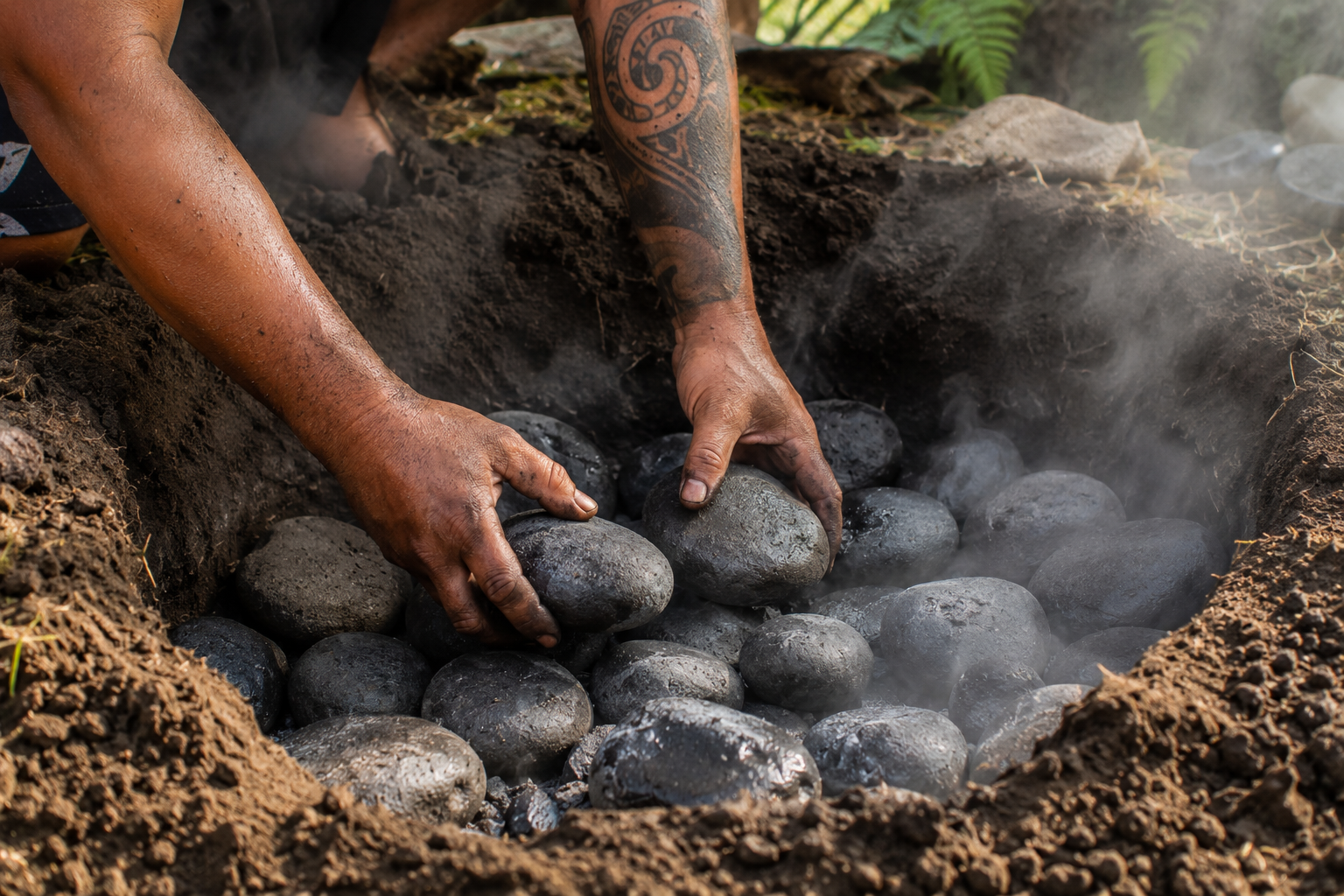 Préparation du hāngi — pierres chauffées à blanc mains disposant pierres chauffées four enterré hāngi maori nouvelle-zélande