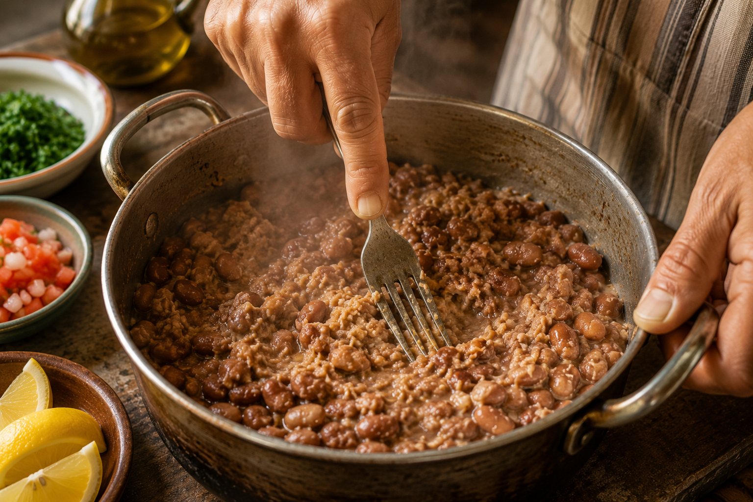 mains écrasant fèves ful medames cuisine égyptienne