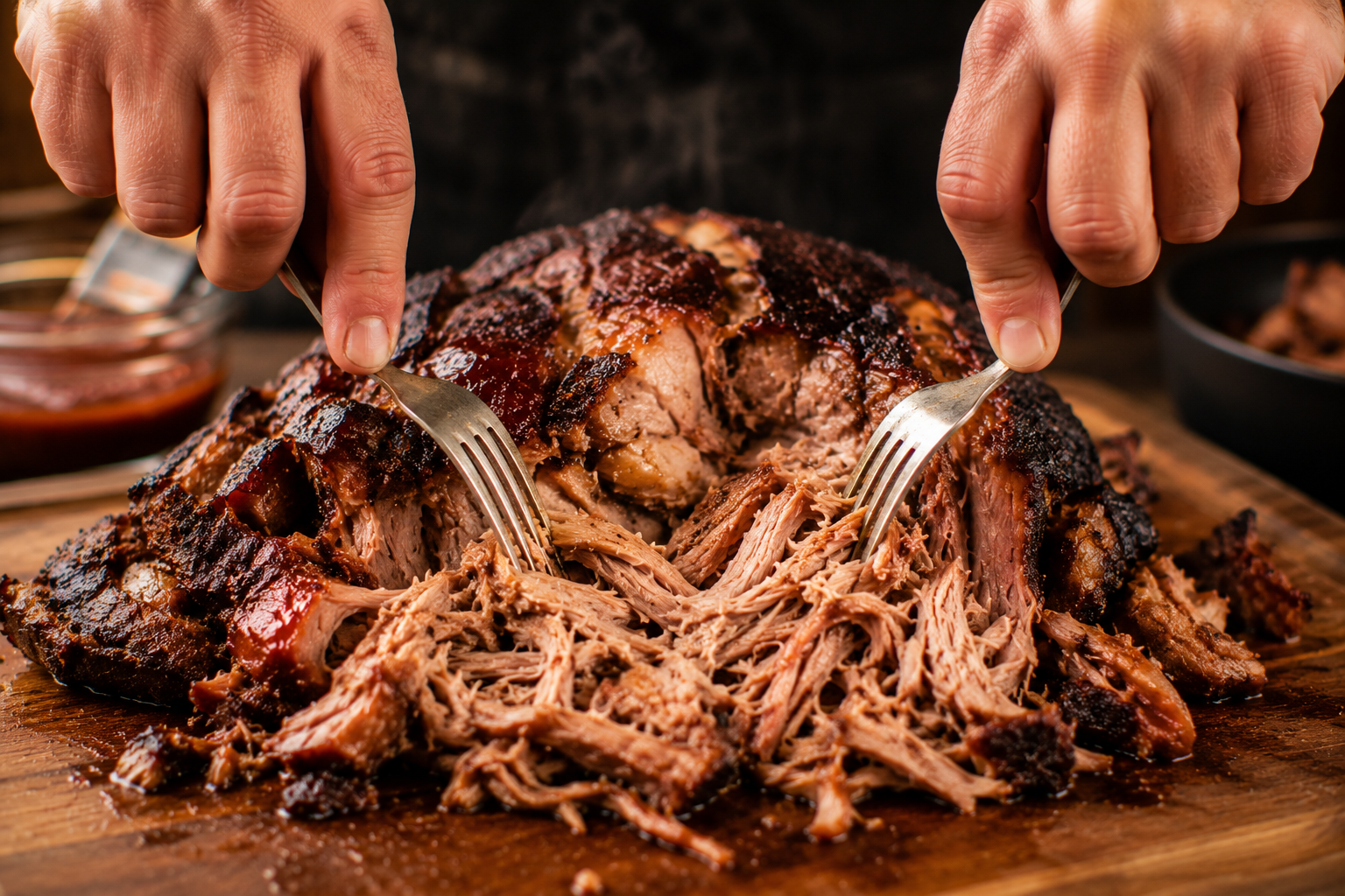 mains effilochant épaule de porc fumée fourchettes pulled pork