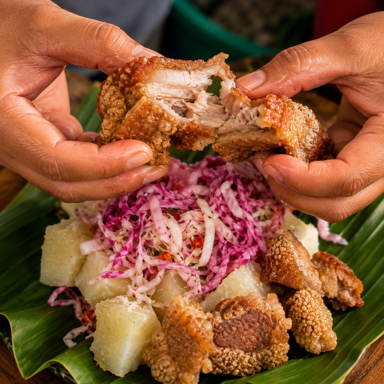 mains effilochant chicharrón croustillant nicaraguayen