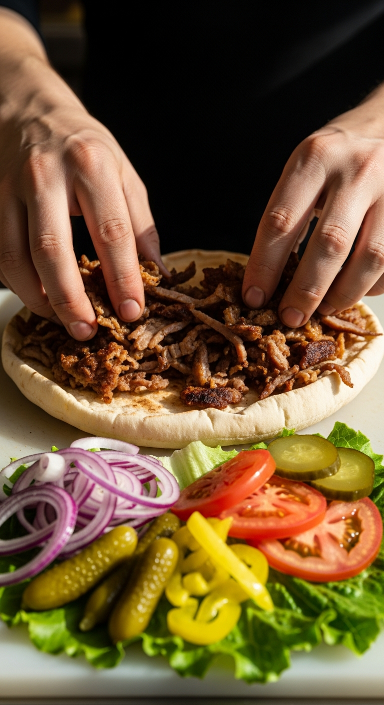mains assemblant shawarma viande grillée pita garnitures