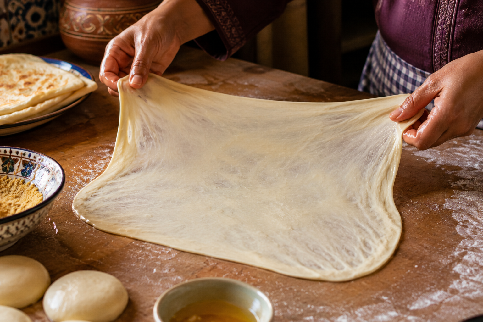 mains étirant pâte msemen carré marocain
