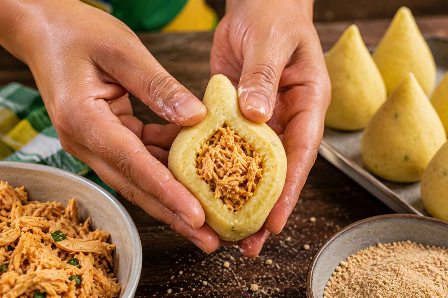 mains façonnant coxinha forme cuisse poulet pâte