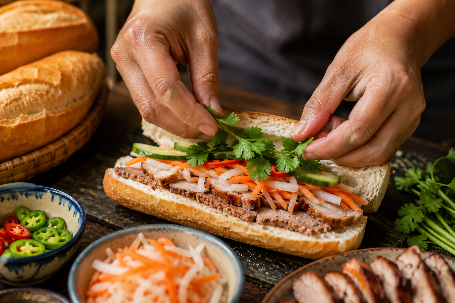 mains garnissant bánh mì légumes marinés coriandre