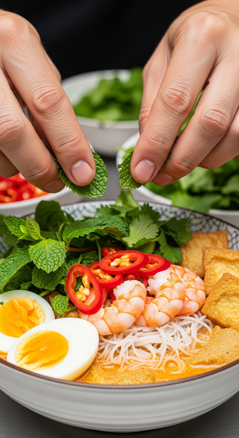 mains disposant garnitures colorées bol laksa malaisienne crevettes herbes fraîches rondelles piment rouge geste précis