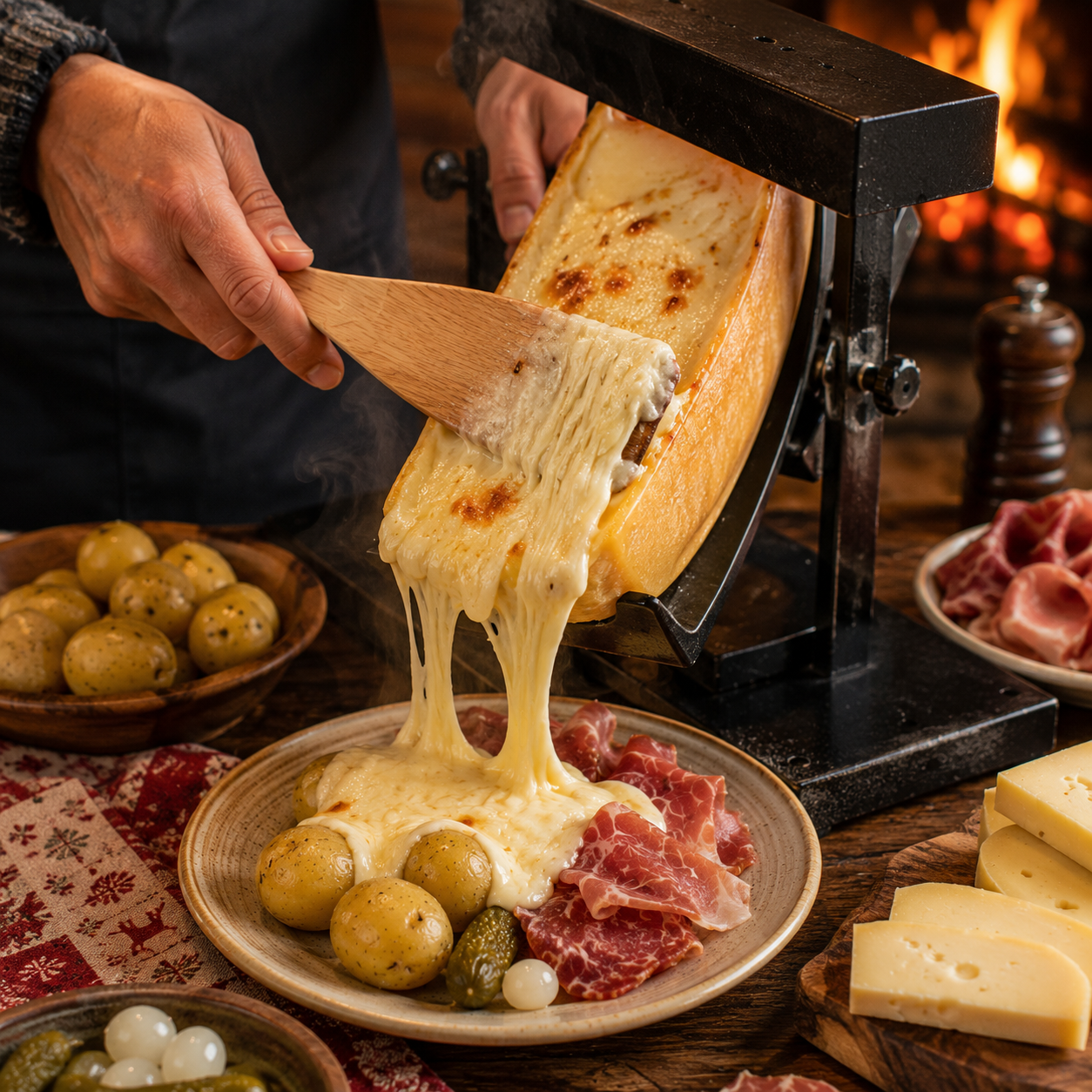 mains grattant fromage fondu appareil raclette
