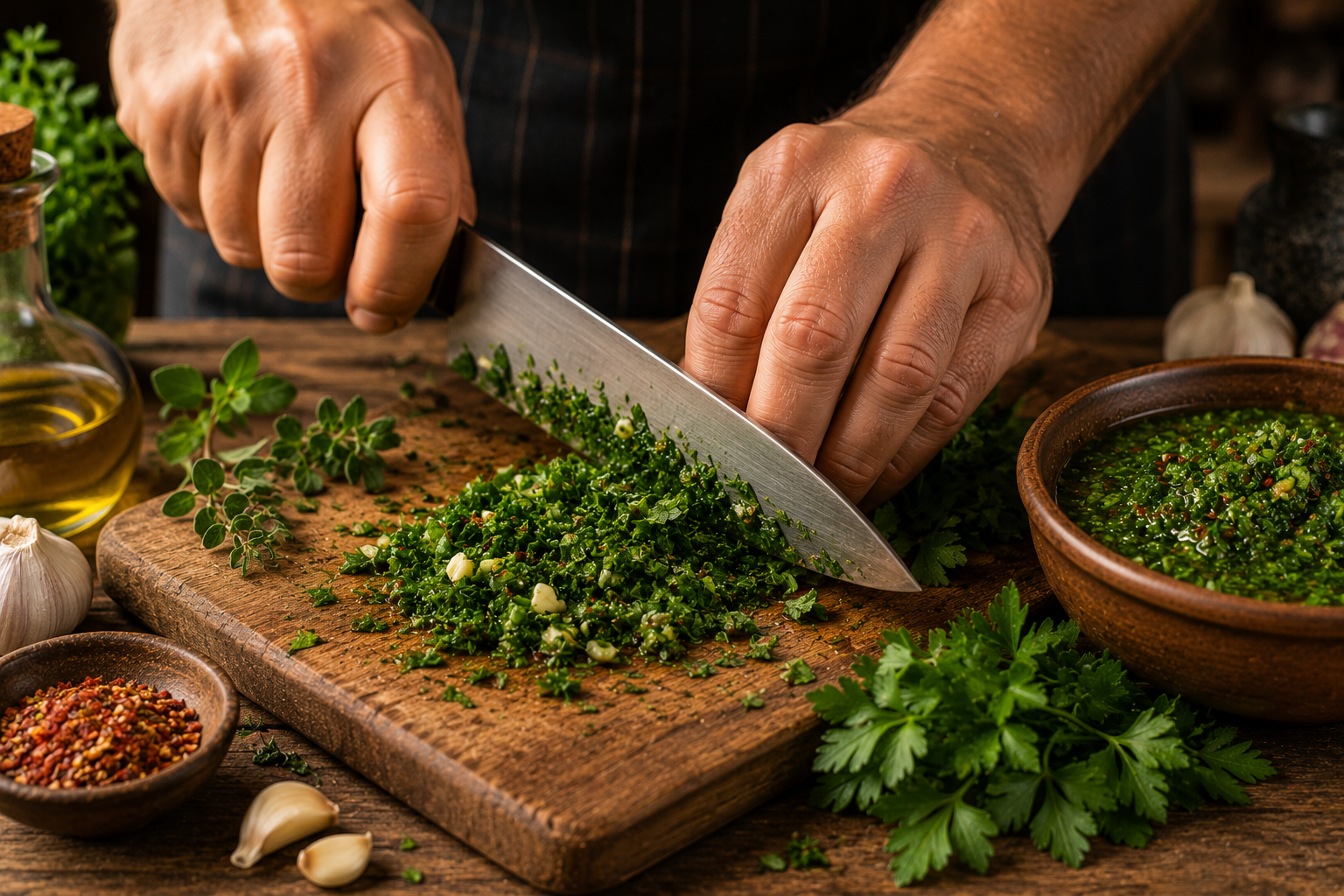 mains hachant herbes fraîches persil origan chimichurri