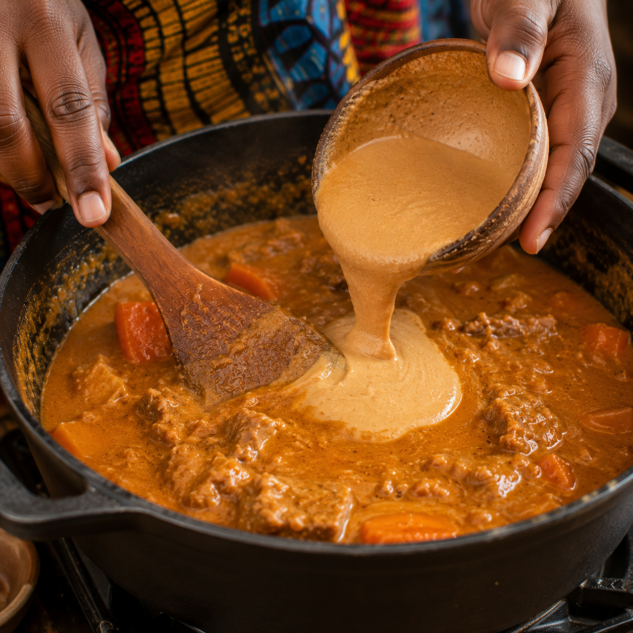 mains incorporant pâte arachide sauce mafé cuillère bois