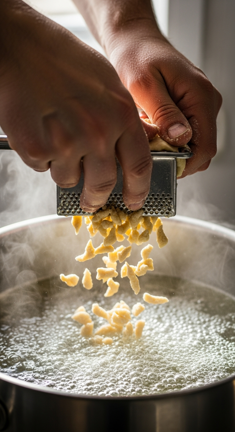 mains passant pâte spätzle passoire technique artisanale