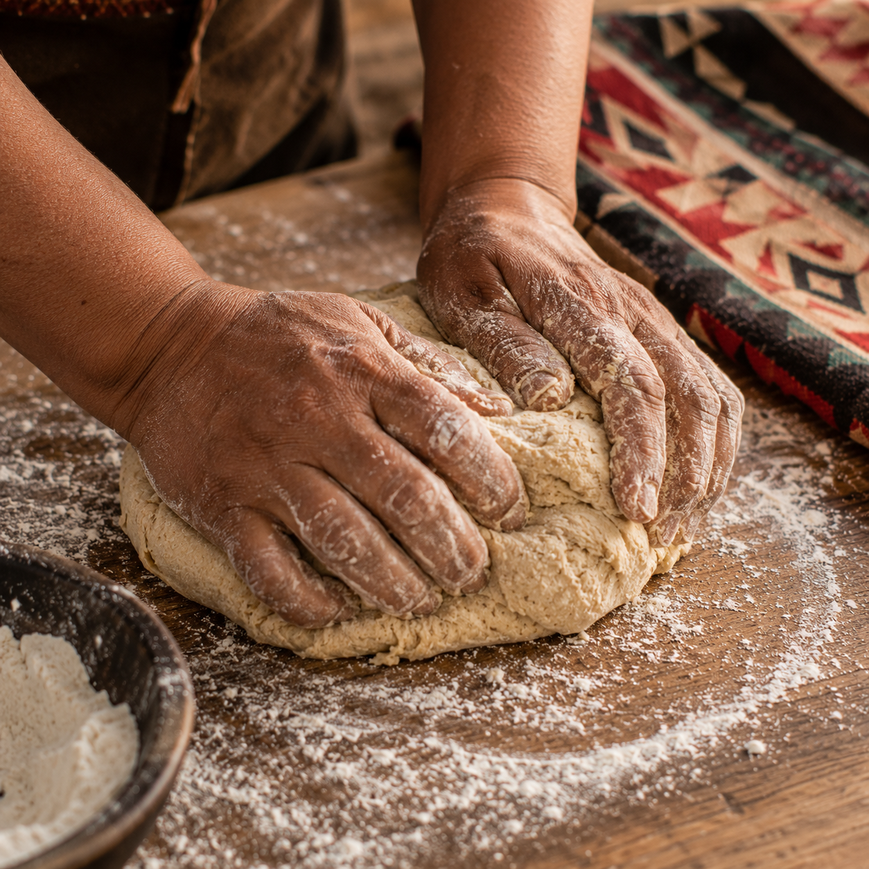 mains pétrissant pâte bannock farine plan de travail