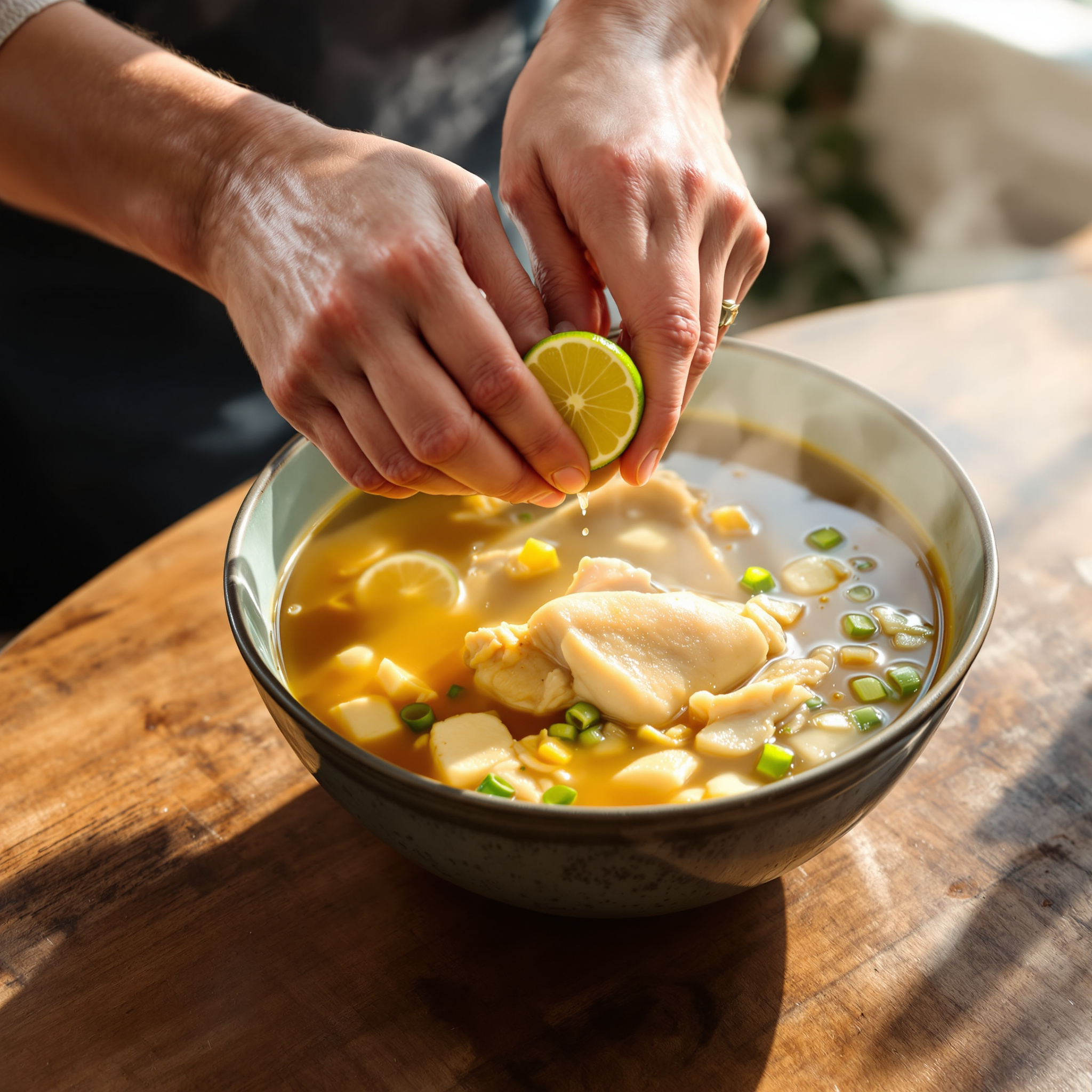 mains pressant citron vert bouillon caldo de pollo mexicain geste final