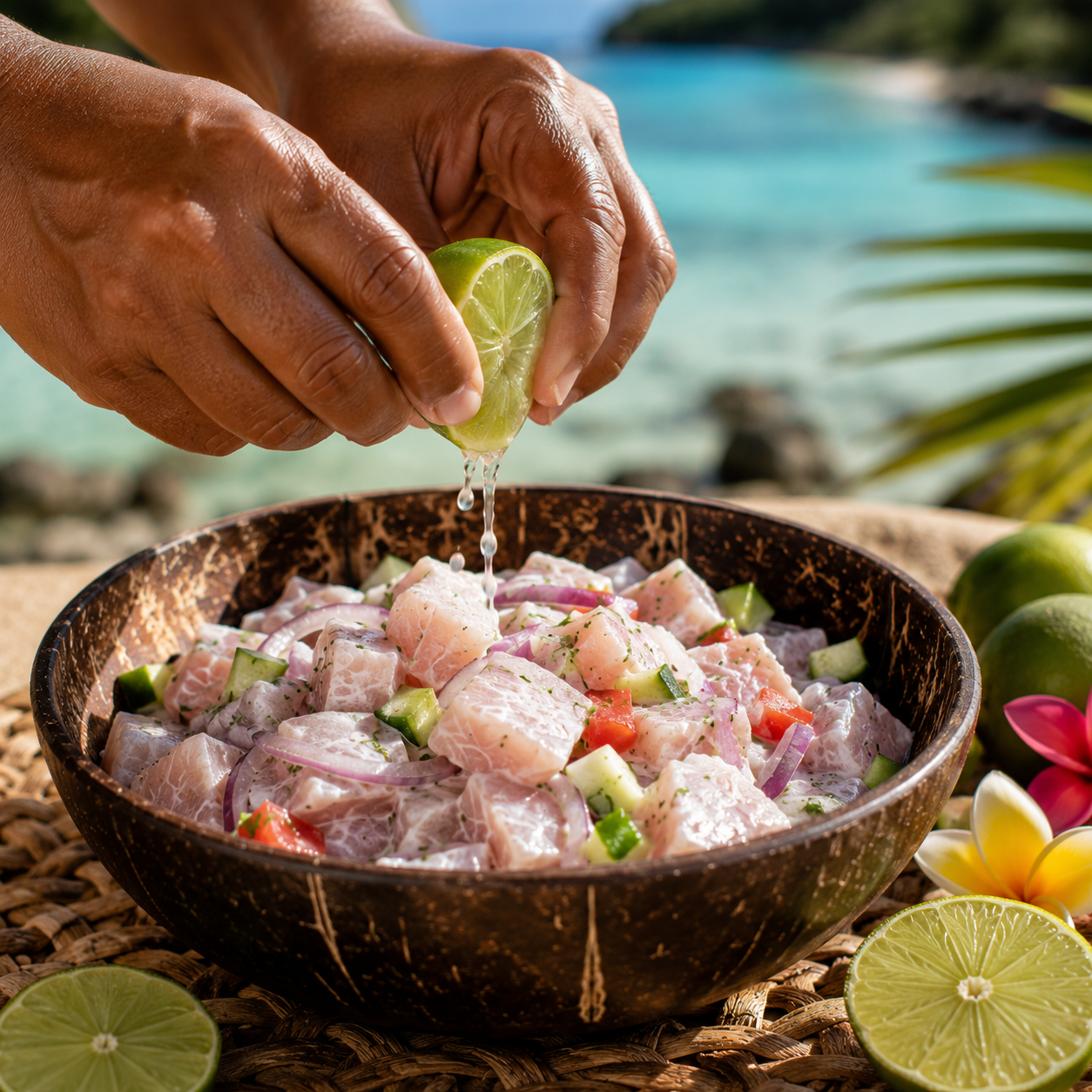 mains pressant citron vert sur poisson cru kokoda fidjien