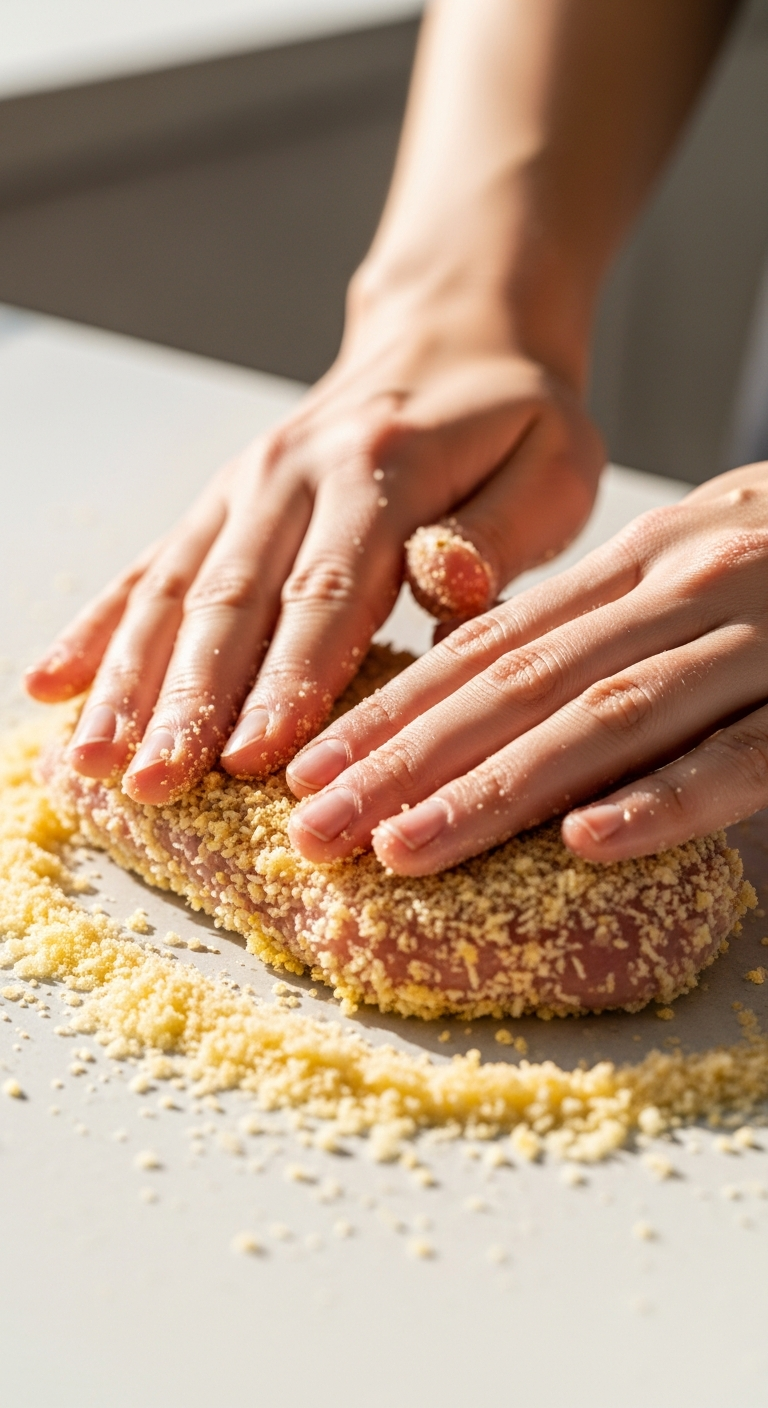 mains pressant escalope porc panko préparation tonkatsu