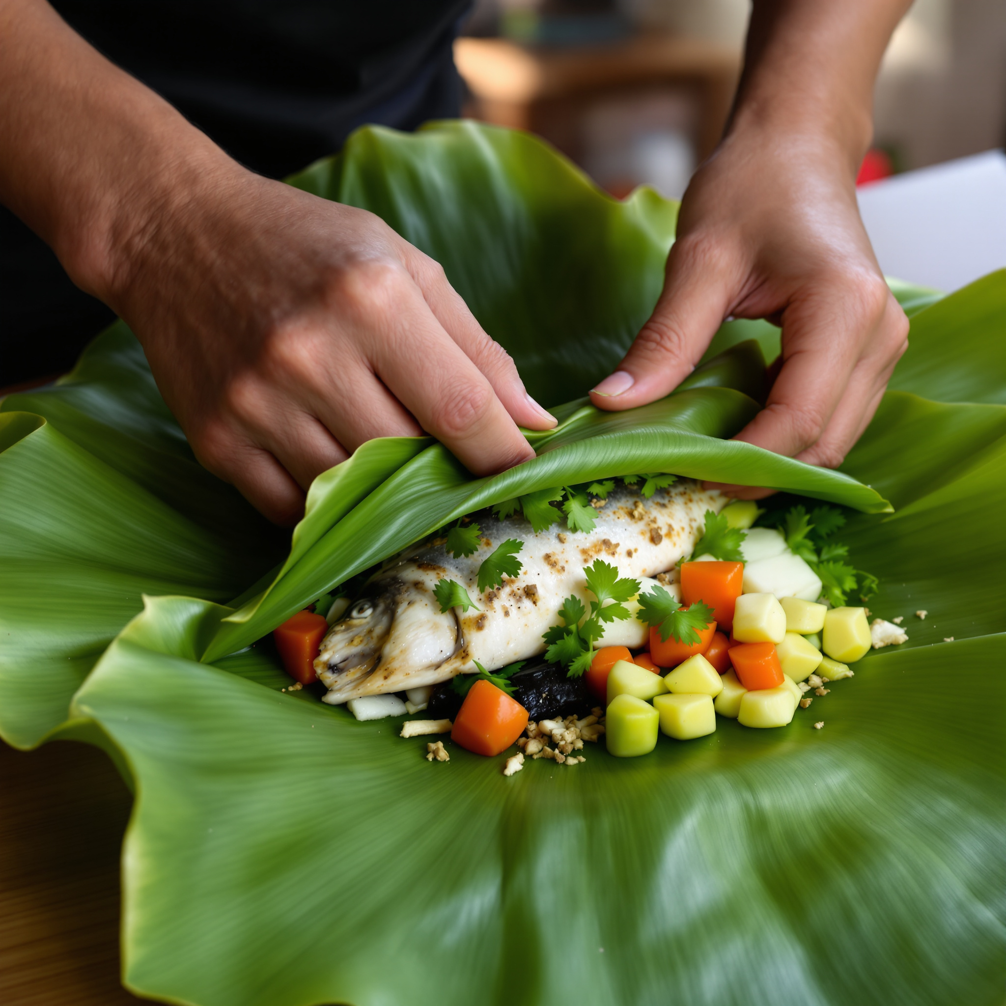 mains refermant feuille de bananier poisson légumes papillote caldoche