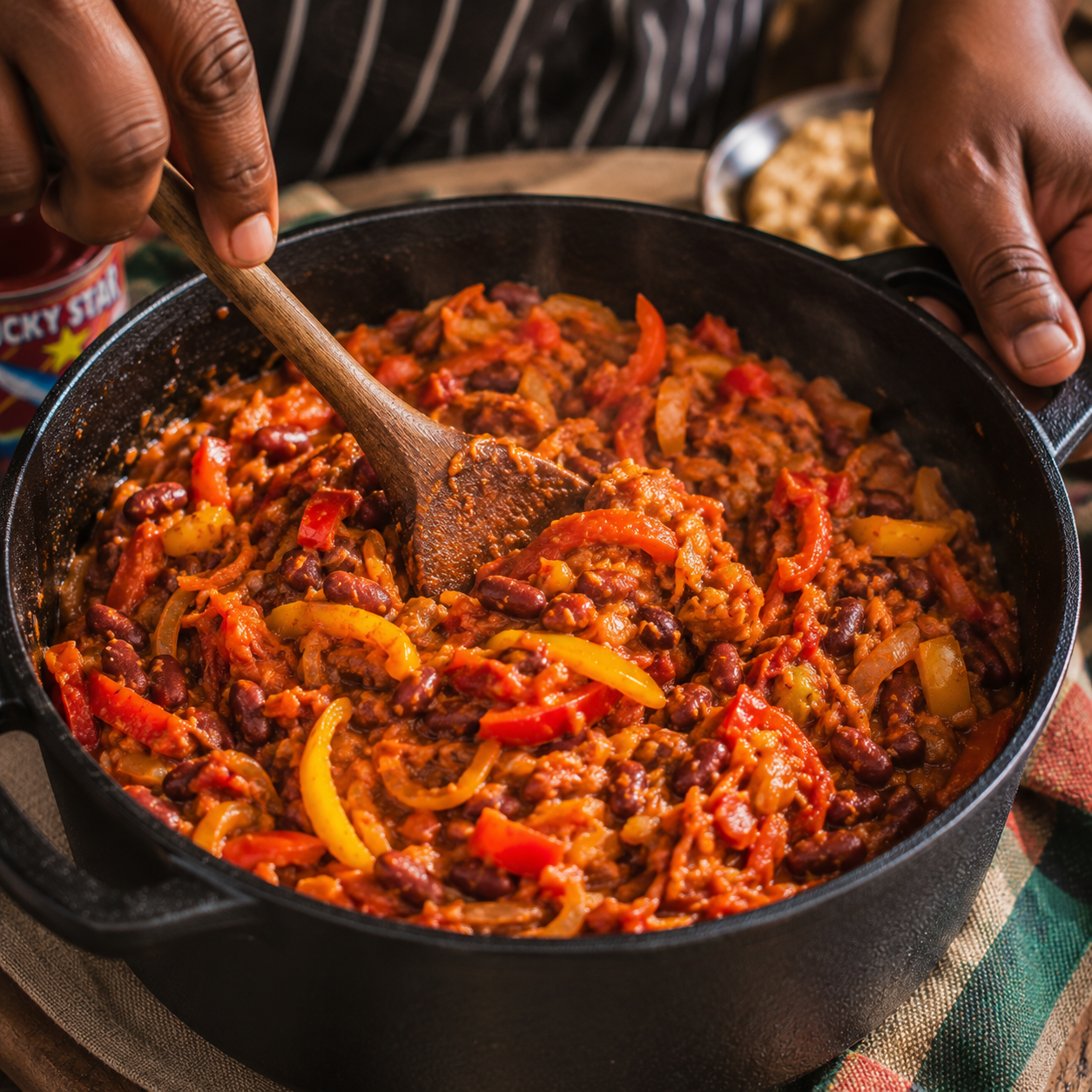 mains remuant chakalaka mijoté légumes cuillère bois