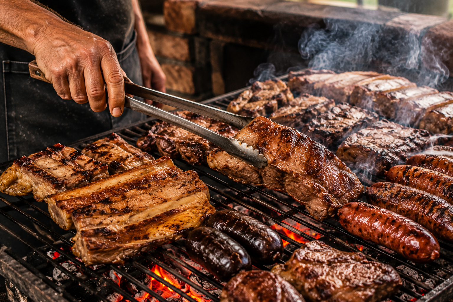 mains retournant viande grill braises parillada