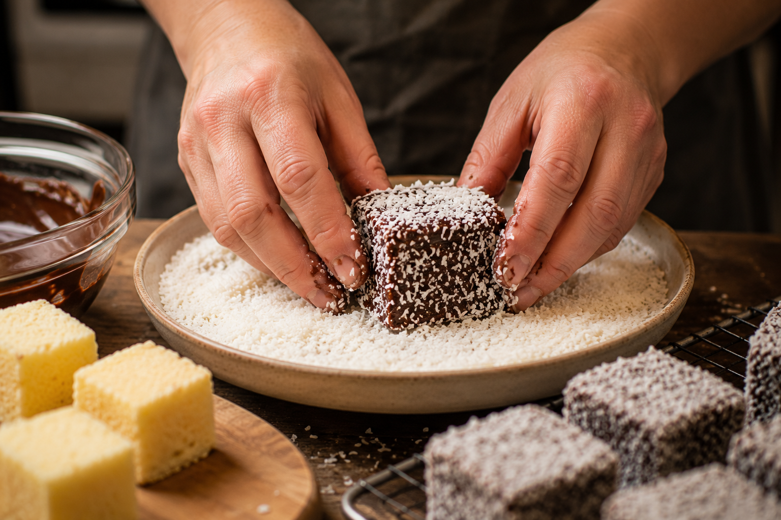 mains roulant cube génoise glaçage chocolat noix de coco râpée lamingtons australiens