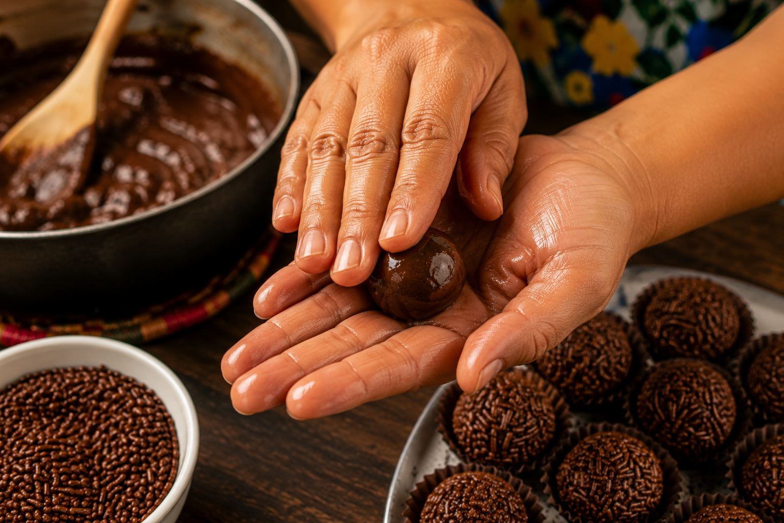 mains roulant boulettes ganache chocolat brigadeiro