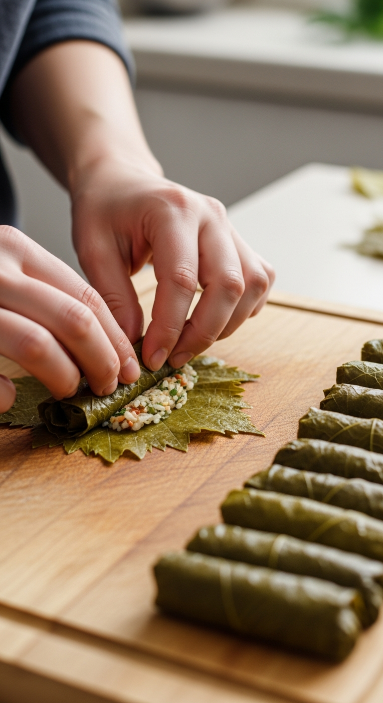 mains roulant une feuille de vigne farce riz technique dolmas