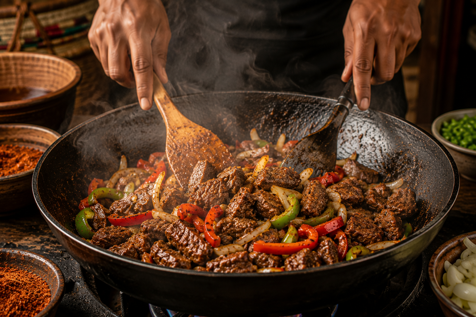 mains saisissant bœuf wok poêle tibs éthiopien